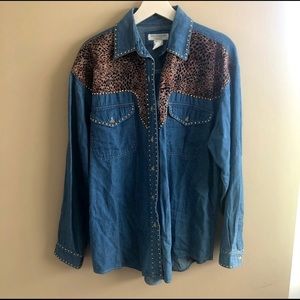Lew Magram Collection New York Vintage Denim Leopard Collar Button Down